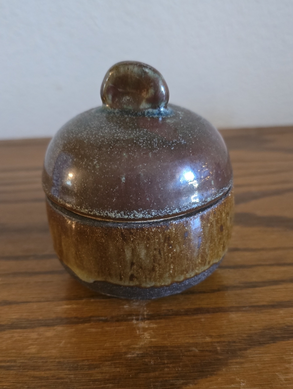 Vintage Handcrafted Ceramic Lidded Jar in Brown and Tan